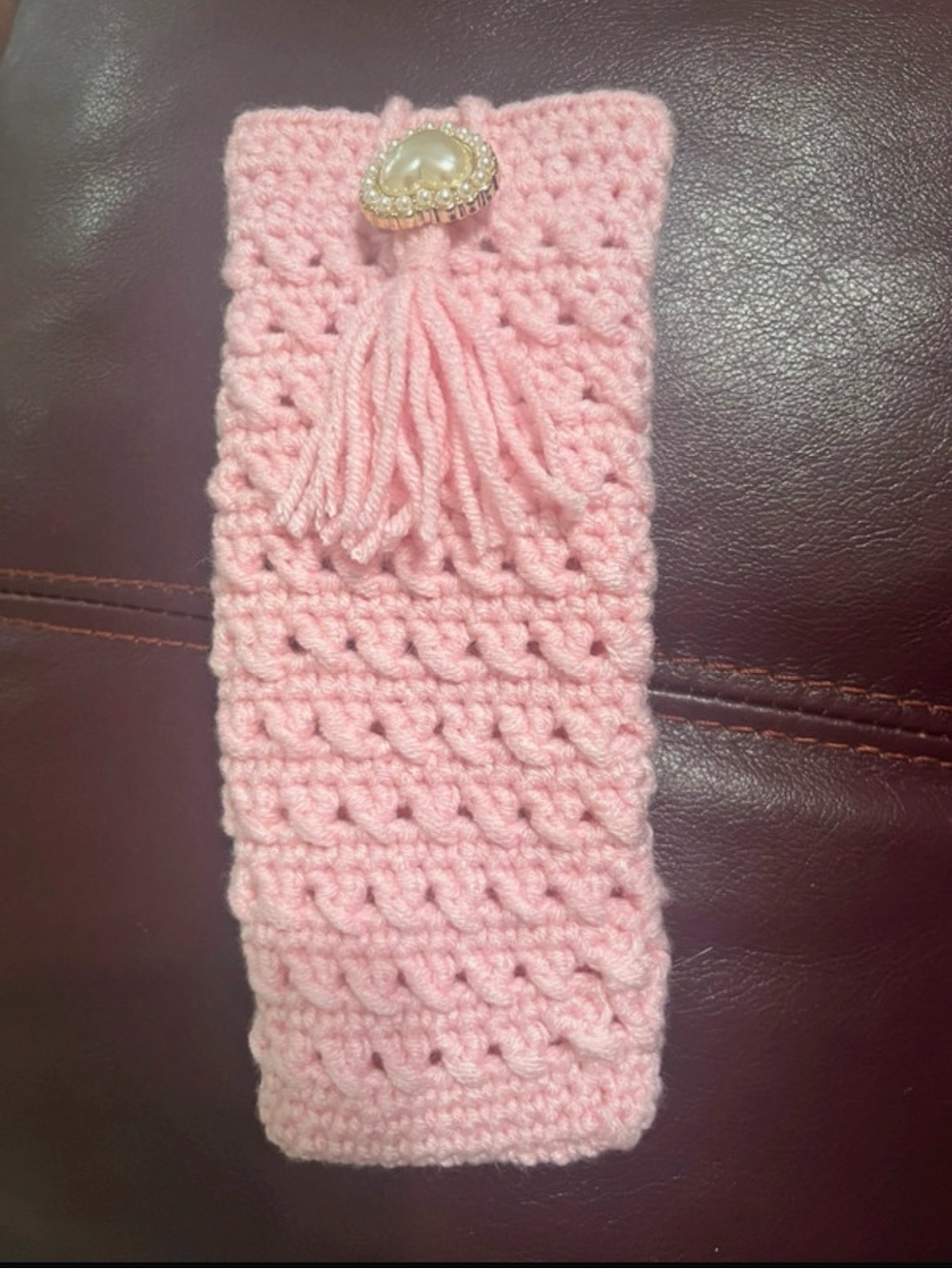 Handmade Pink Crochet Sunglasses Sleeve with Pearl Tassel Accent